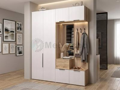 Прихожая Риц 4-11 с фасадом МДФ Илара SATIN ST-01 ADILET (белый), корпус дуб крафт золотой с открытыми вешалками, зеркалом и выдвижными ящиками, с фрезеровкой Торонто 2